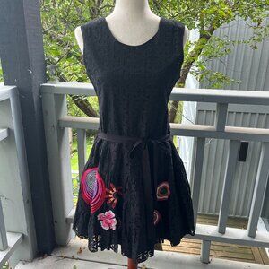 Desigual Black Lace Fabric Dress with Flowers - Size 38 (Medium)